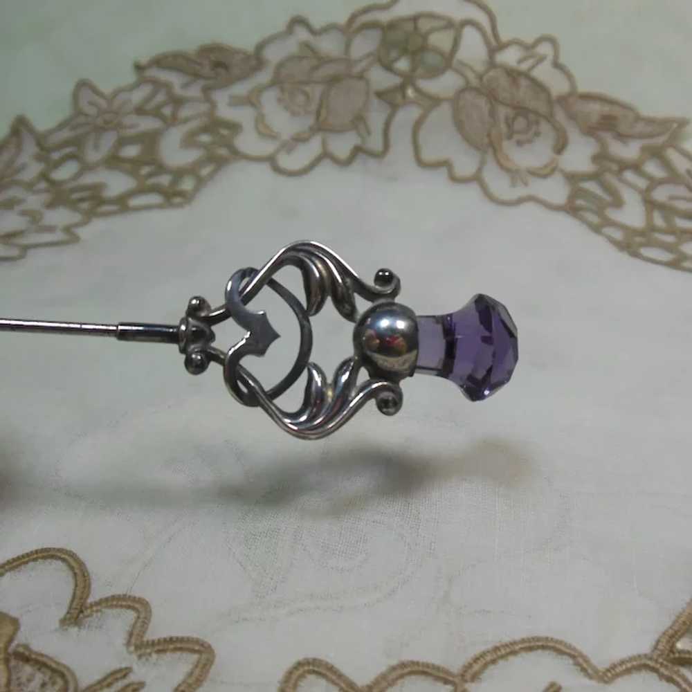 Sterling Silver & Faux Amethyst Hat Pin HM 1910 - image 4