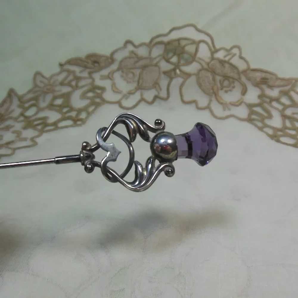 Sterling Silver & Faux Amethyst Hat Pin HM 1910 - image 5