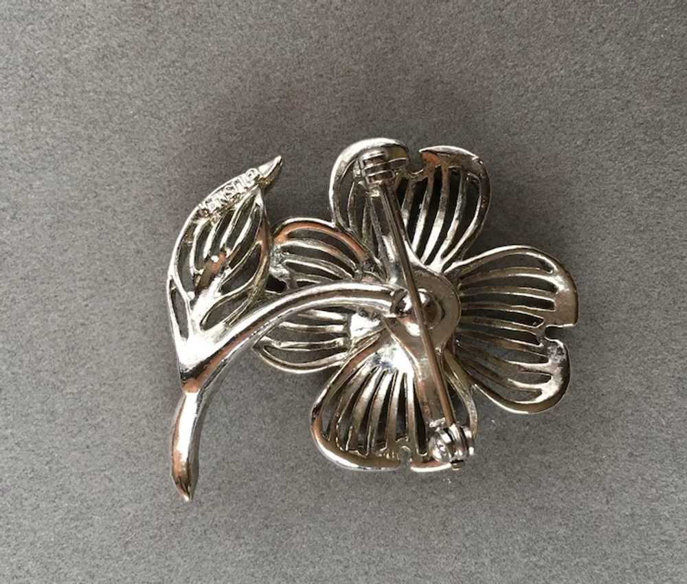 Lisner Flower Silver Tone Brooch with Rhinestones - image 4