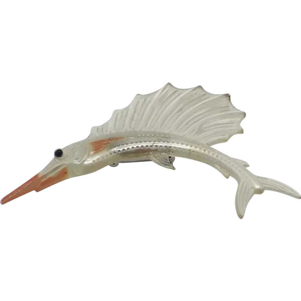 Vintage Clear Lucite and Painted Sailfish Pin - image 1