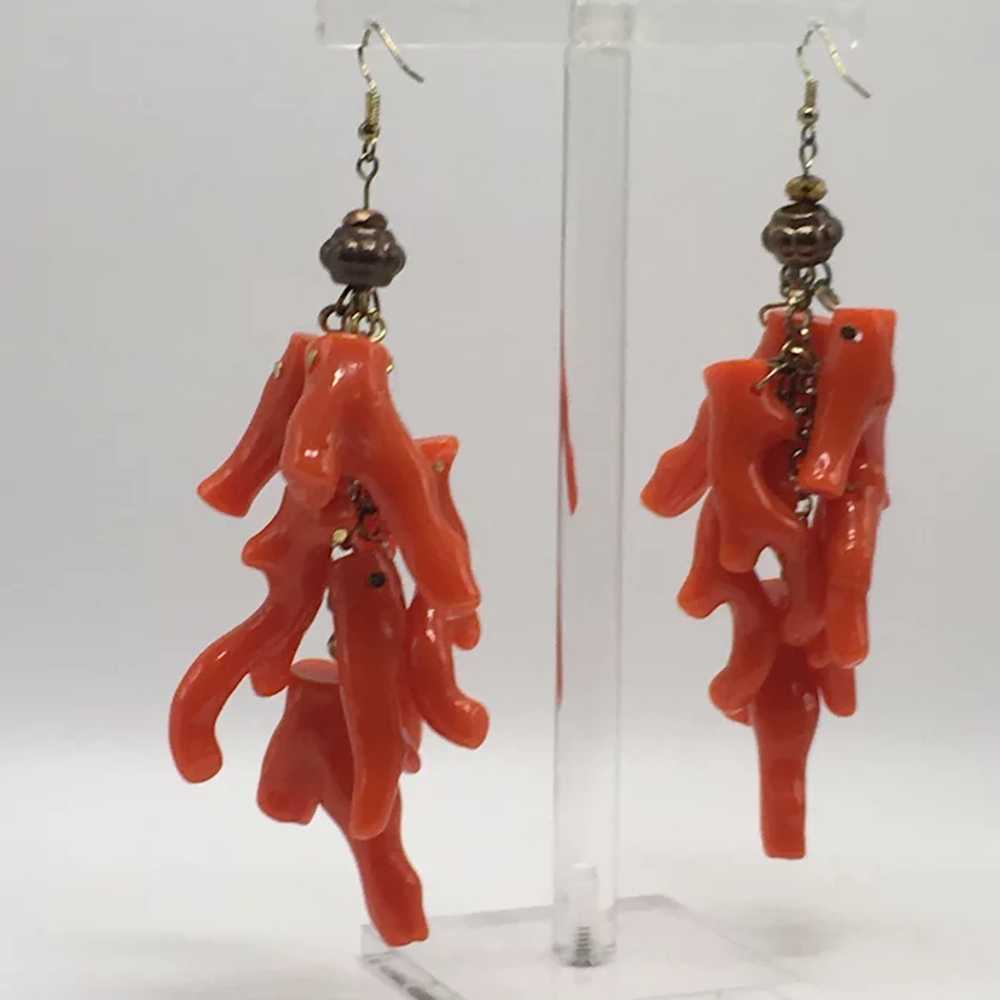 Long Orange Lucite Coral-look Drop Pierced Earrin… - image 2