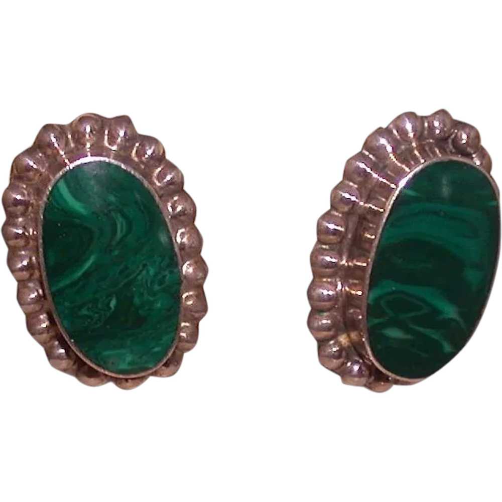 Mexican Silver And Malachite Oval Earclips - image 1