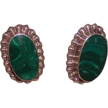 Mexican Silver And Malachite Oval Earclips - image 1