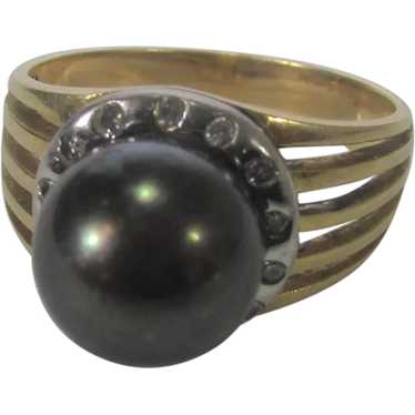 14 Karat Yellow Gold Tahitian Pearl Ring With Dia… - image 1