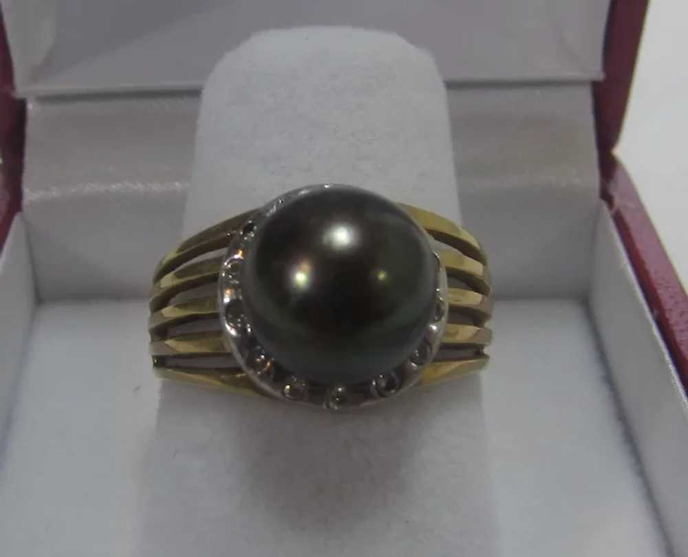 14 Karat Yellow Gold Tahitian Pearl Ring With Dia… - image 2