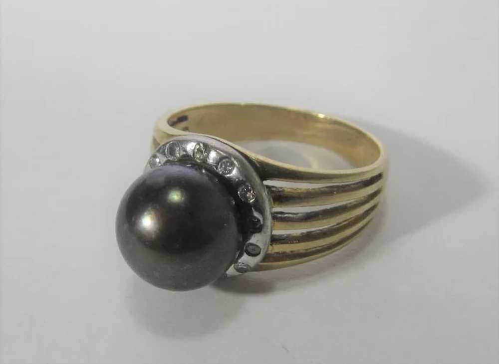 14 Karat Yellow Gold Tahitian Pearl Ring With Dia… - image 4