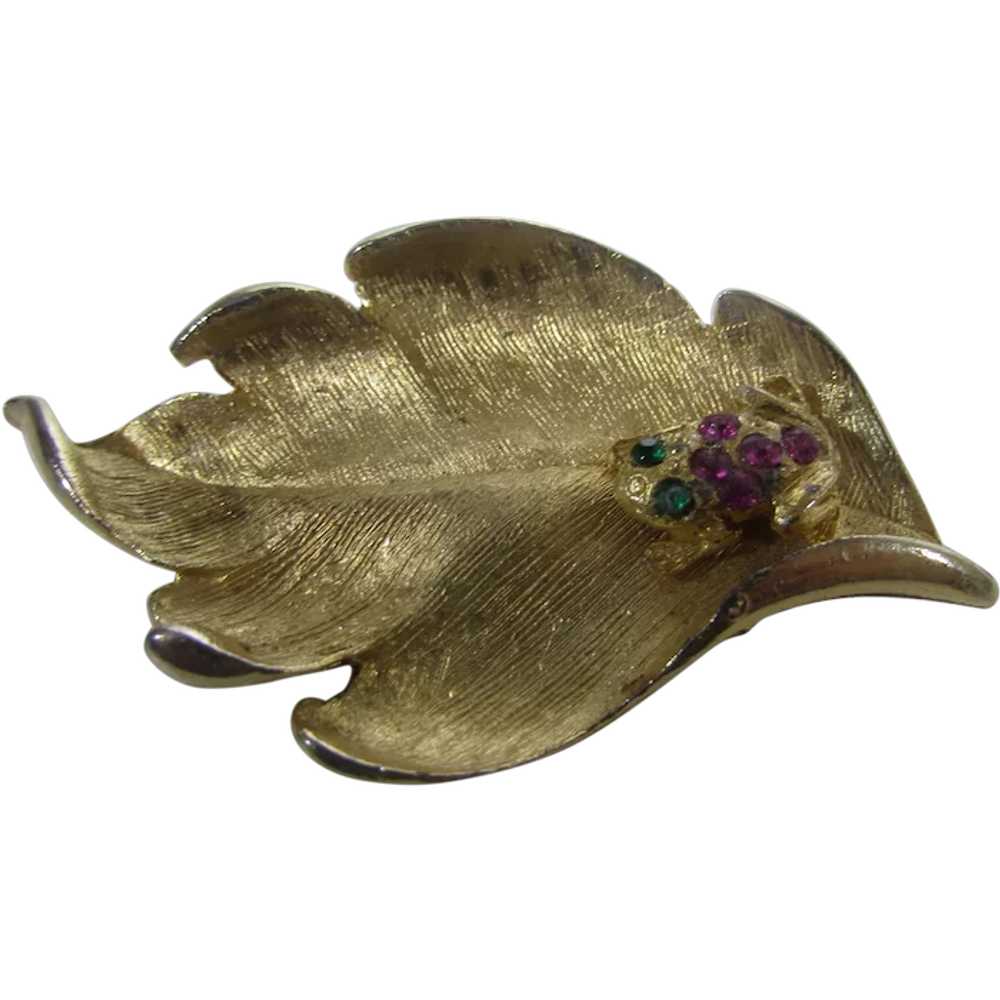 Gold Tone Leaf Pin With Bejeweled Frog - image 1