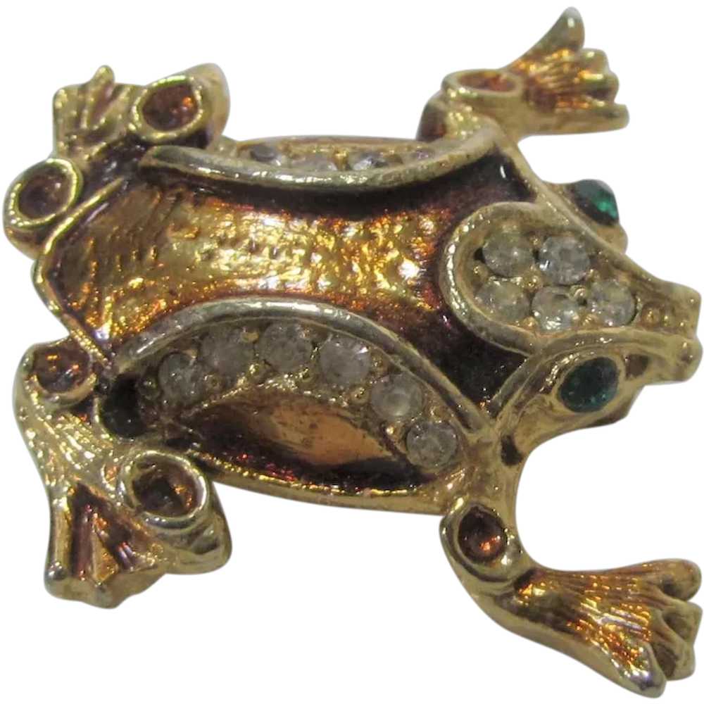 Gold Tone Frog with Green Eyes and Enamelling Enh… - image 1