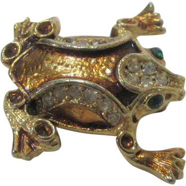 Gold Tone Frog with Green Eyes and Enamelling Enh… - image 1