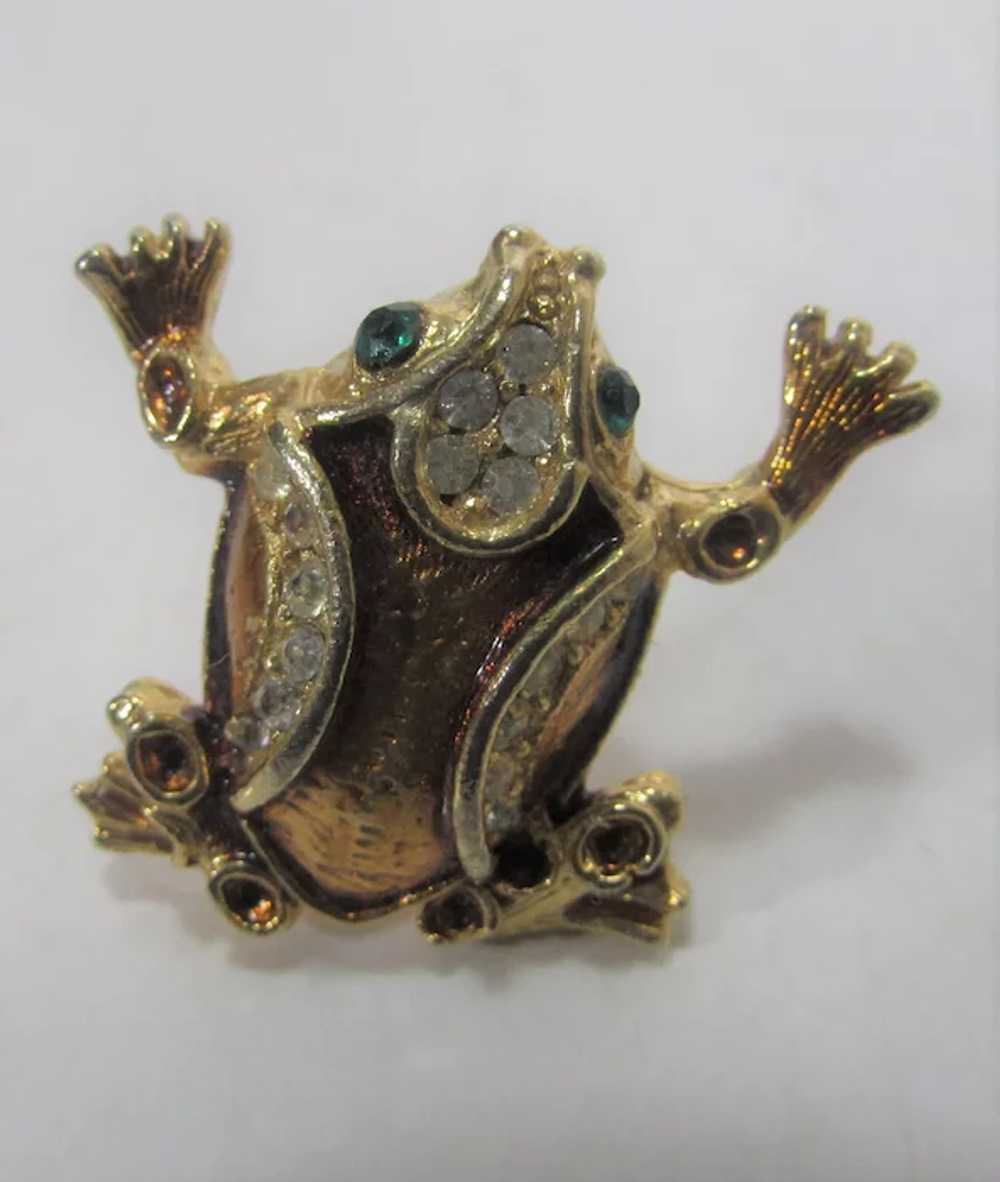 Gold Tone Frog with Green Eyes and Enamelling Enh… - image 2