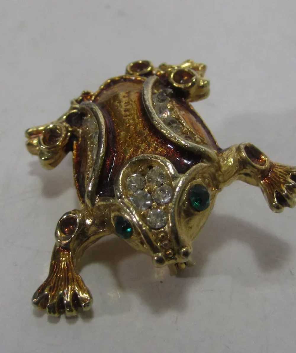 Gold Tone Frog with Green Eyes and Enamelling Enh… - image 4