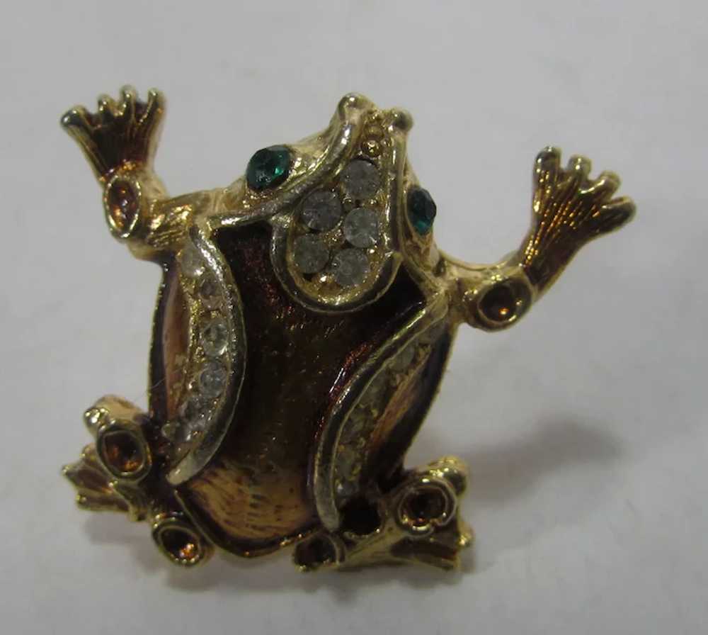 Gold Tone Frog with Green Eyes and Enamelling Enh… - image 7