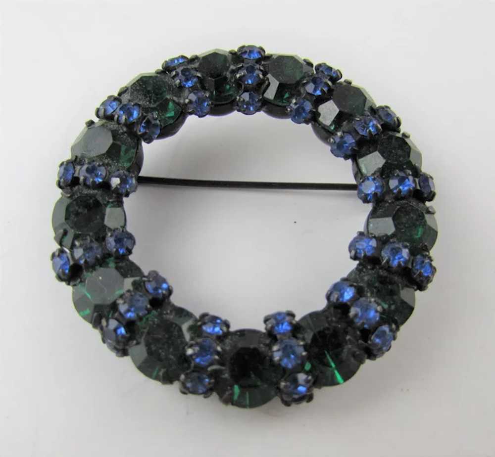 Vintage Warner Green and Blue Crystal Pin - image 3