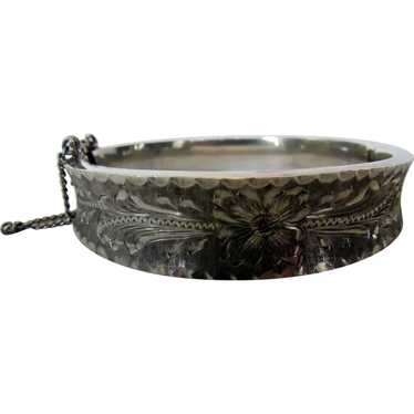 Sterling Silver Etched Bangle with Safety Chain - image 1