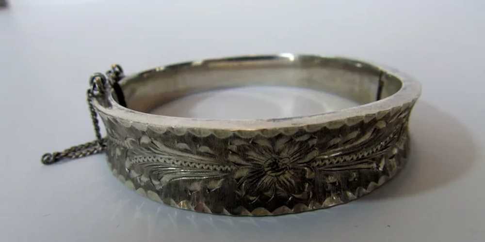 Sterling Silver Etched Bangle with Safety Chain - image 3