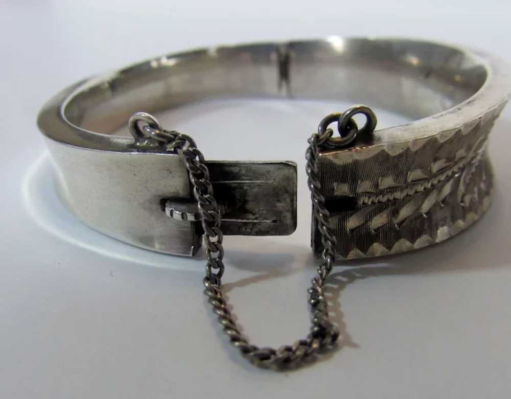 Sterling Silver Etched Bangle with Safety Chain - image 5