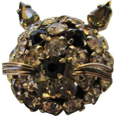 Vintage Warner Cat's Head Pin in Black and Clear … - image 1