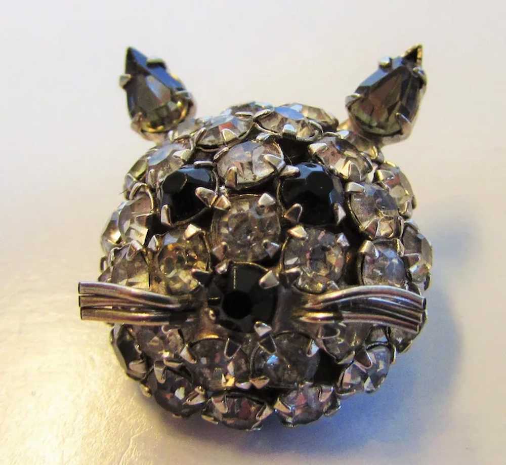 Vintage Warner Cat's Head Pin in Black and Clear … - image 7
