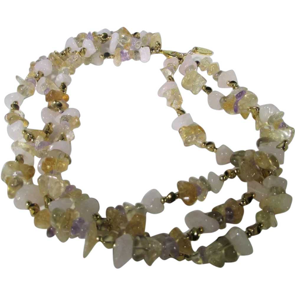 Vintage Gemstone Nugget Three Strand Necklace Fea… - image 1