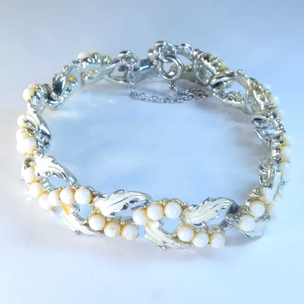 Silver Tone White Enamel and Bead Link Bracelet - image 12
