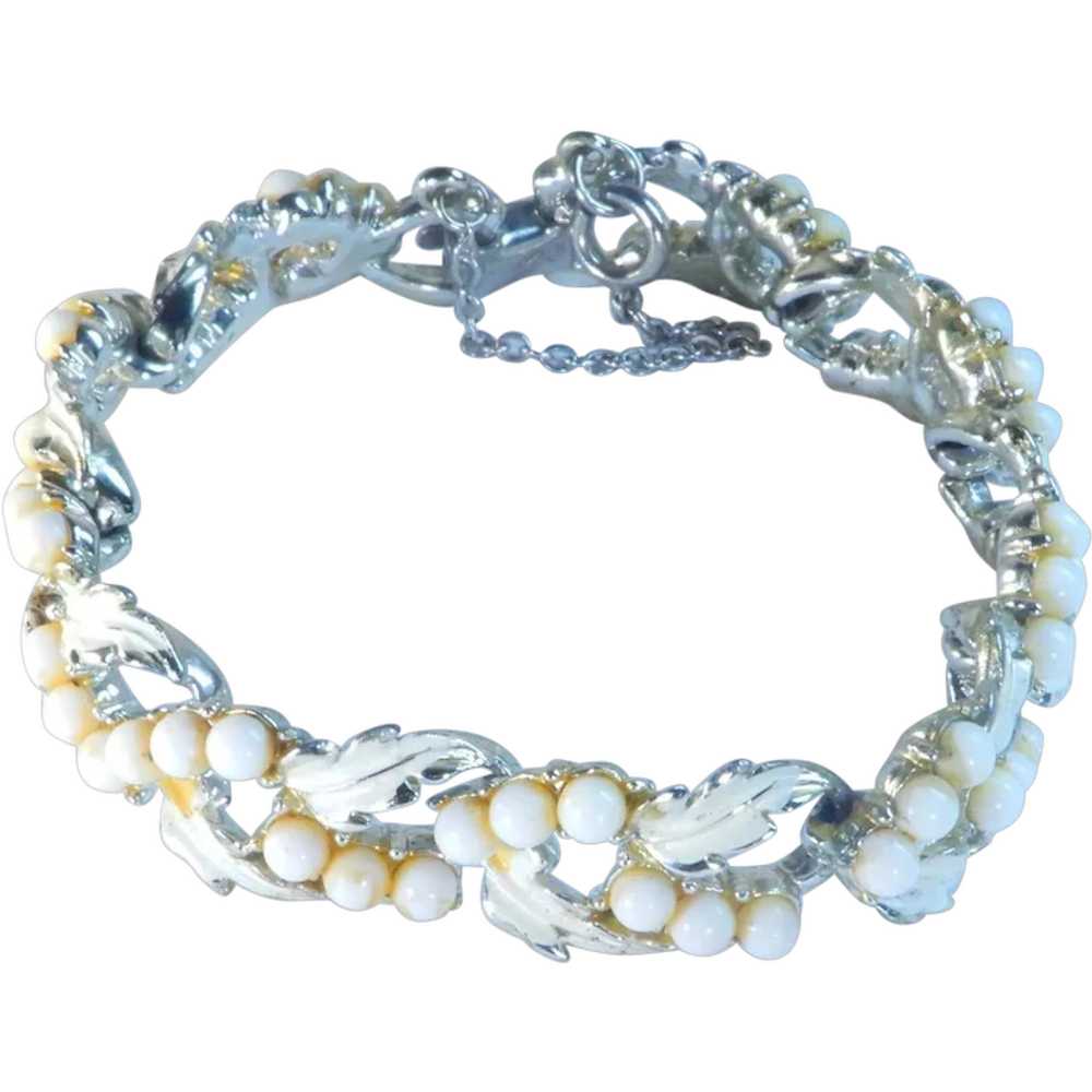 Silver Tone White Enamel and Bead Link Bracelet - image 1