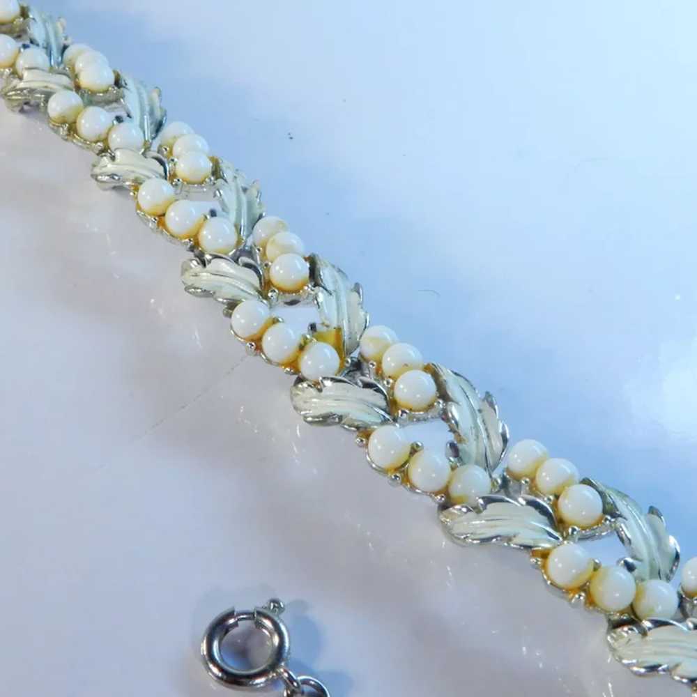 Silver Tone White Enamel and Bead Link Bracelet - image 2