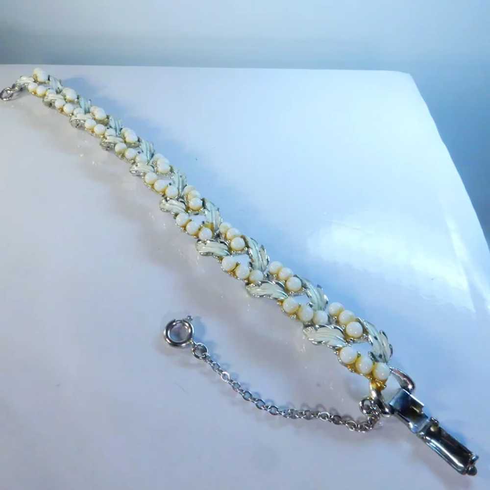 Silver Tone White Enamel and Bead Link Bracelet - image 9