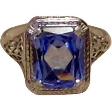 14K  White Gold Synthetic Sapphire Filigree Ring … - image 1