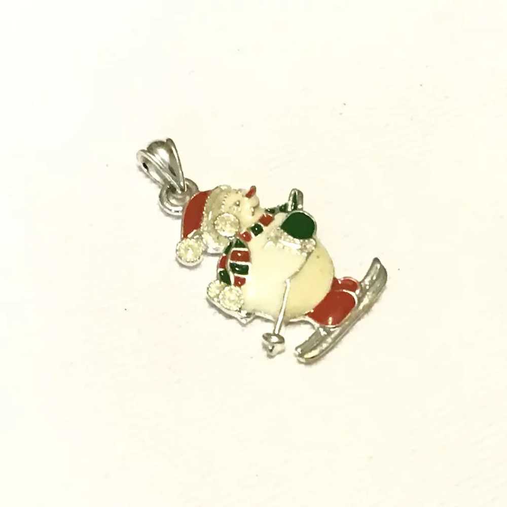 Silver Tone Enameled Snowman Skier Pendant - image 2
