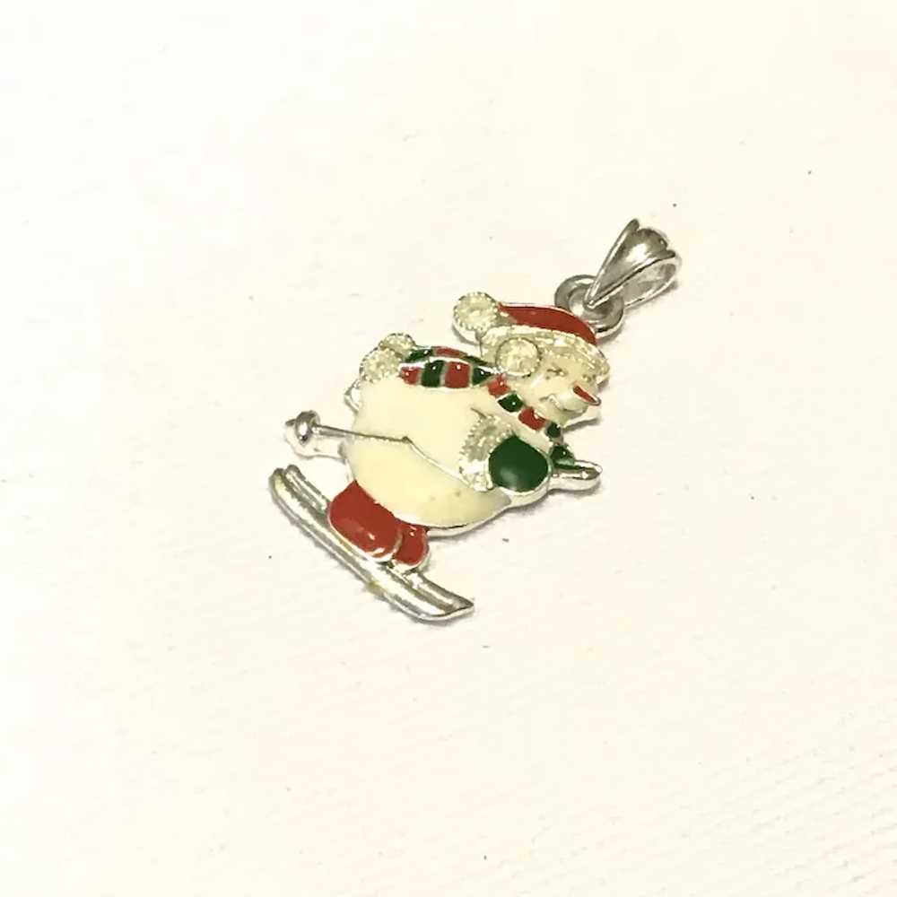 Silver Tone Enameled Snowman Skier Pendant - image 3