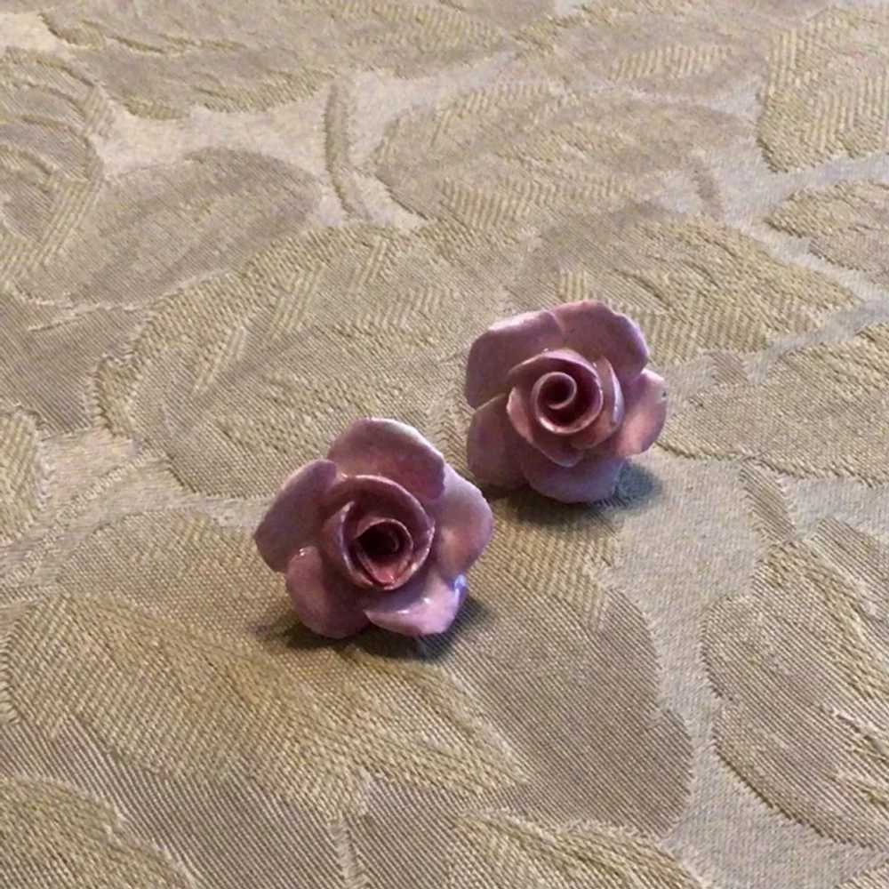 English Ansley Bone China Clip Pink Flower Earrin… - image 4