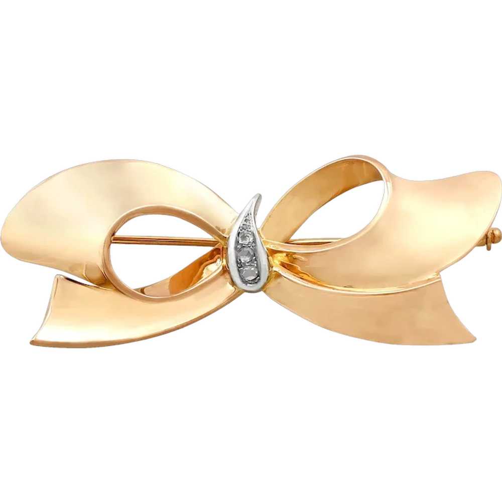 Vintage Diamond and 18k Yellow Gold 'Bow' Brooch … - image 1