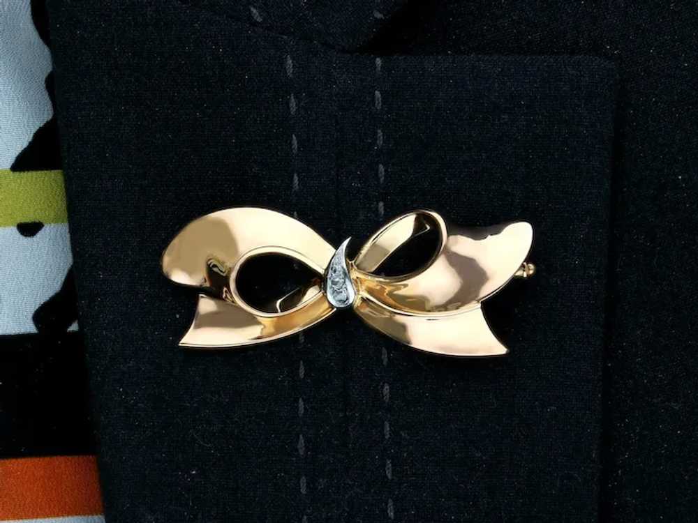 Vintage Diamond and 18k Yellow Gold 'Bow' Brooch … - image 9