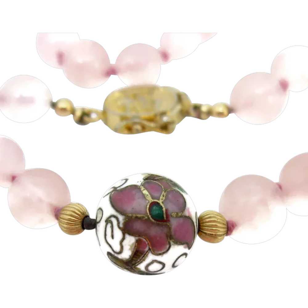 Vintage Cloisonne Pink Stone Bead Necklace & Pier… - image 2