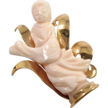 Angelskin Coral Carved Quan  Yin Pin 14k