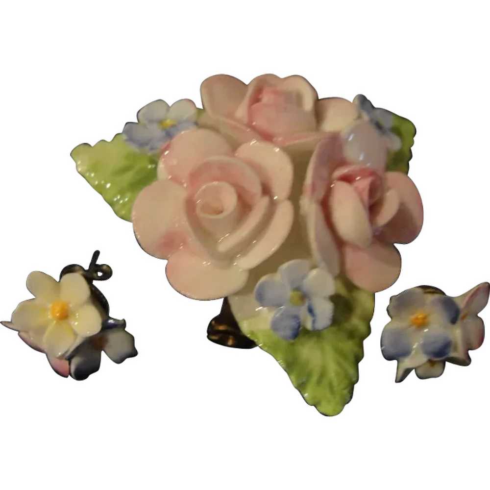 Coalport Pink Rose Pin and Pierced Earrings - Fre… - image 1
