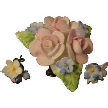 Coalport Pink Rose Pin and Pierced Earrings - Fre… - image 1