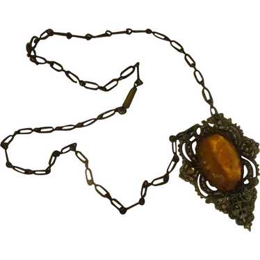 Artful Amber Glass Stone with Filigree Necklace -… - image 1