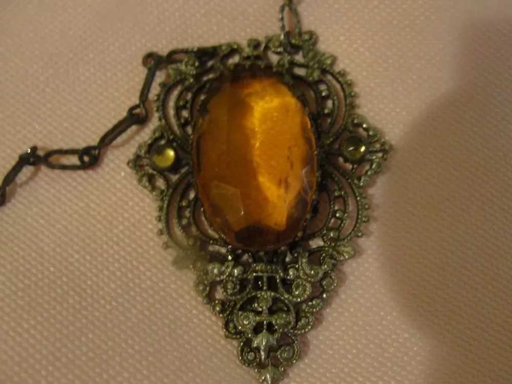 Artful Amber Glass Stone with Filigree Necklace -… - image 2