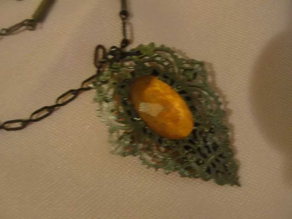 Artful Amber Glass Stone with Filigree Necklace -… - image 4