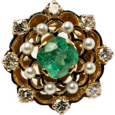 Diamond Colombian Emerald Ring Pearl Enamel 14K Go