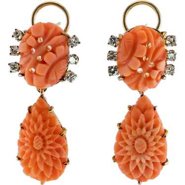 Coral Earrings. 14k Carved Coral Rose Flower Blooming Earrings