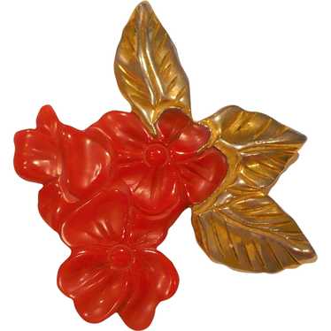 Bakelite Gold Clad Red Flower Pin