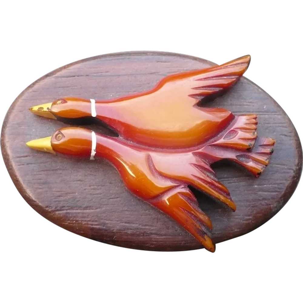 Bakelite & Wood Flying Ducks Pin - image 1