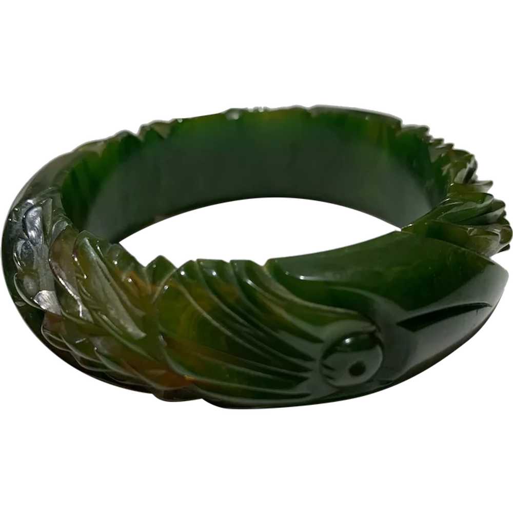 Green Bakelite Carved Bird Bracelet - image 1