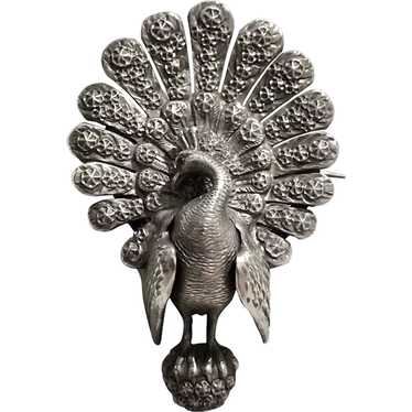 Antique Victorian Silver Dimensional Peacock Brooc