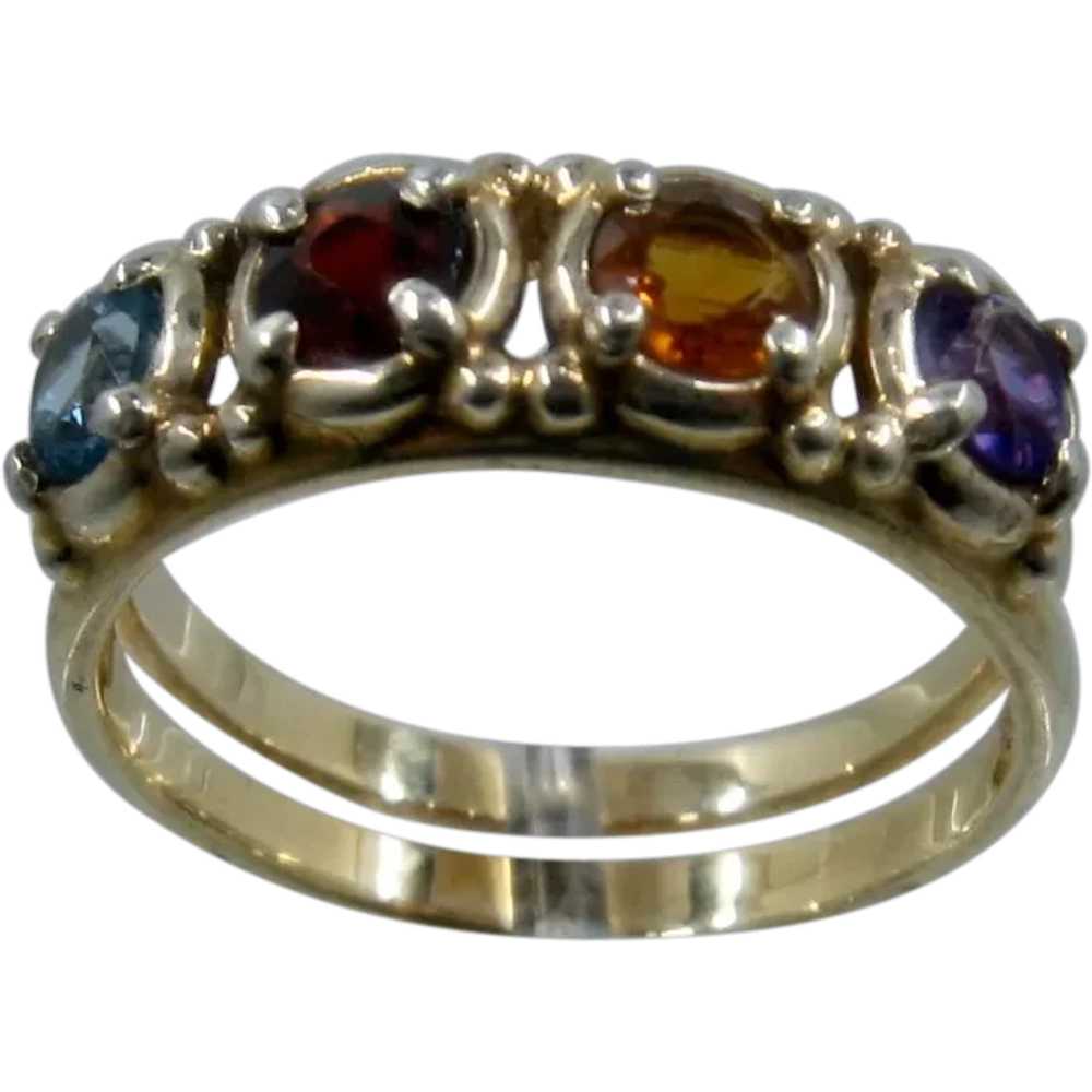 Vintage 14K Four Gemstones Double Band Mother's R… - image 1