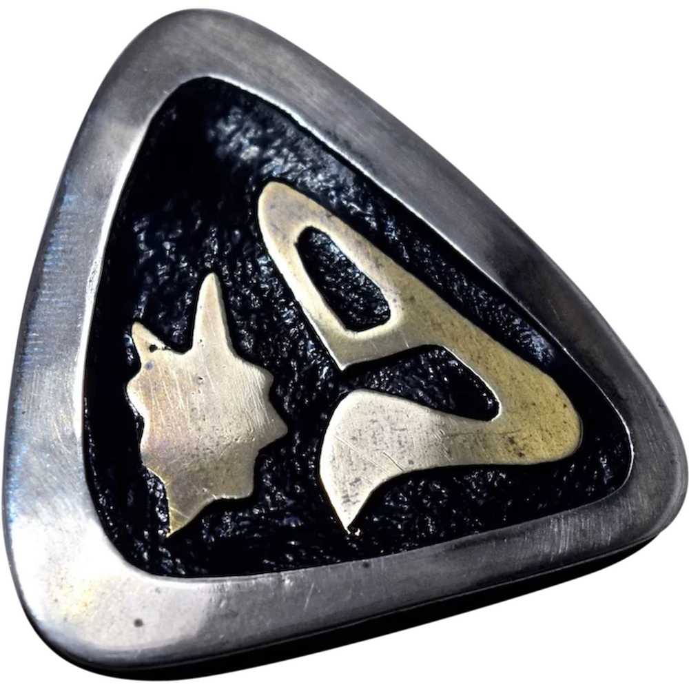 Modernist Sterling Brass Black Lacquer Pin Abstra… - image 1