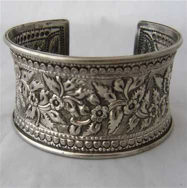Wide Sterling Repousse Floral Cuff Bracelet Sz 7 … - image 1
