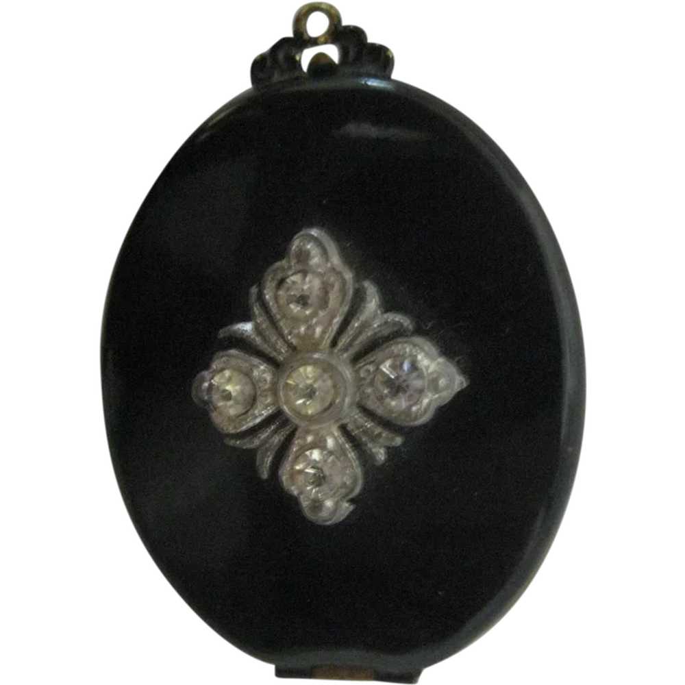 Antique Black Celluloid & Rhinestone Locket with … - image 1